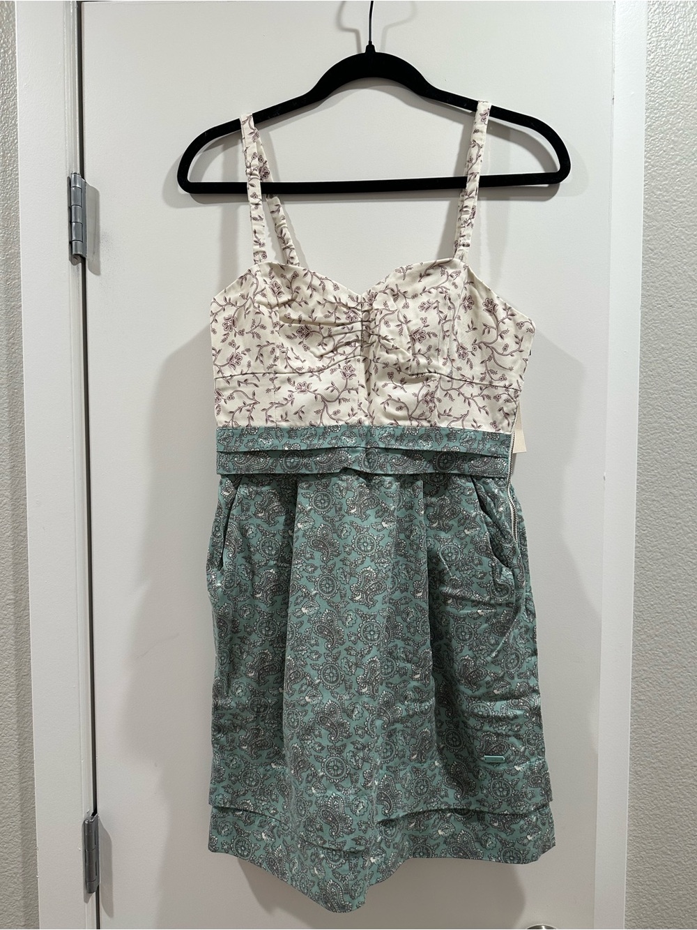 Aritzia Cream and Teal Floral Paisley Mini Dress